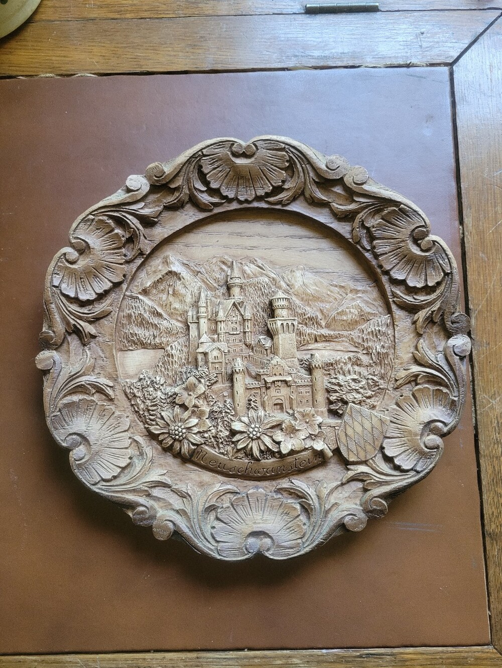 Vintage German Neuschwanstein Castle 3D Relief Wall Plate Faux Wood Resin 36